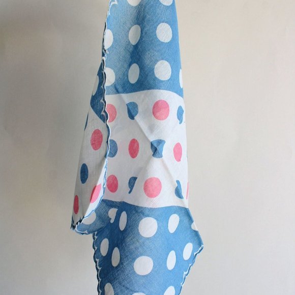 Vintage Cotton Handkerchief / Blue and Pink Polkadots Hanky - Picture 6 of 8